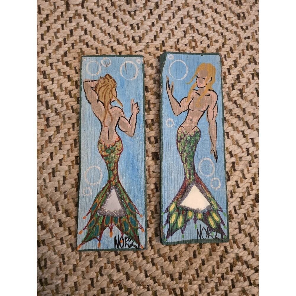 Original NOR Mermaid Paintings Florida Folk Art On Wood - Scuba Diving Teal